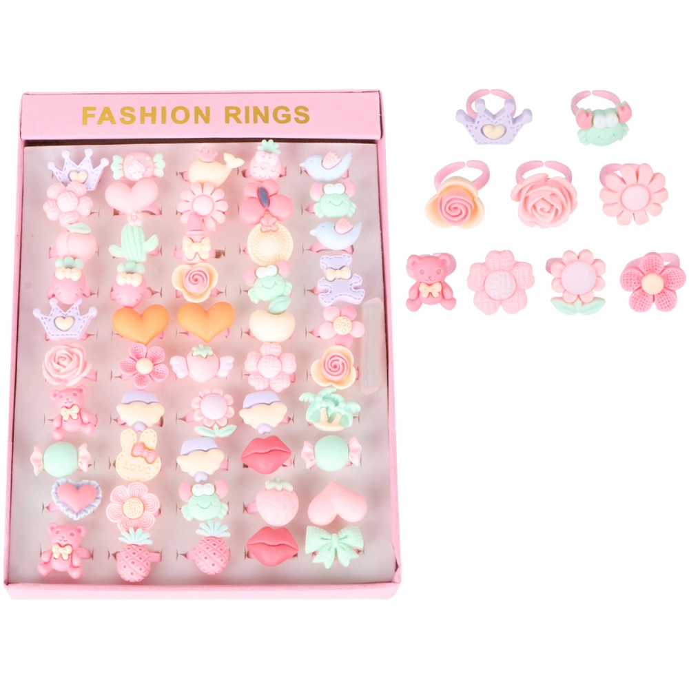 50pcs Fashion Cartoon Rings Open Adjustable Finger Ring Jewelry Toys for Kids Girls (Frosted Flower)