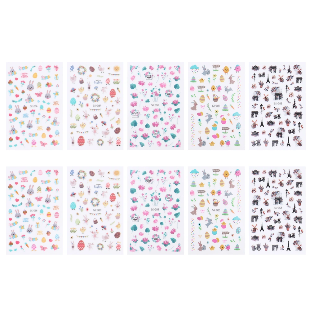 10 Sheets of Easter Themed Nail Stickers Lovely Cartoon Nail Pasters Manicure Accessories (Style 1)