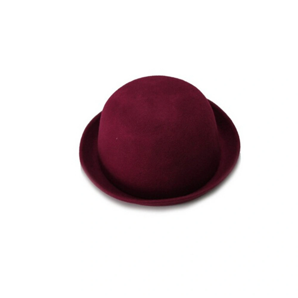 Women's Girls Roll-up Brim Wool Dome Hat Bowler (Wine Red)