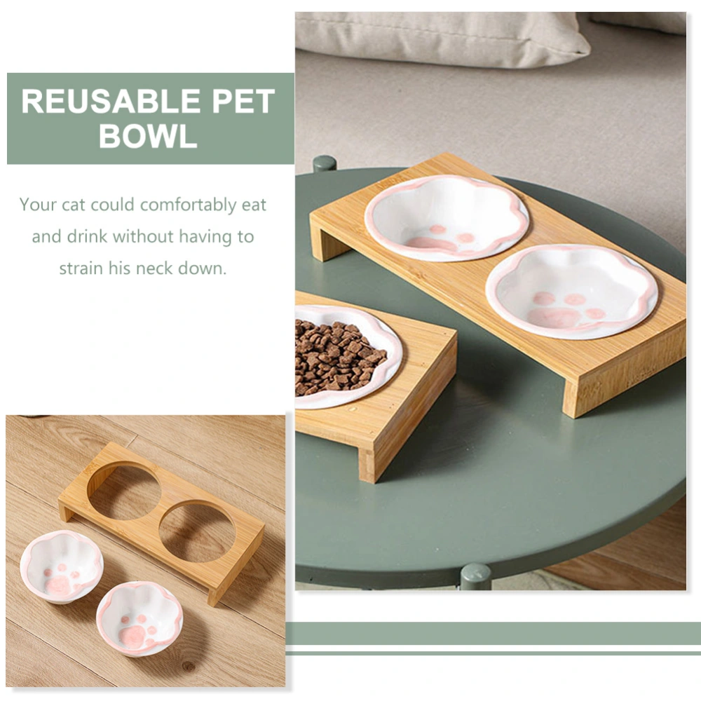 1 Set of Elevated Cat Bowl Kitten Bowl with Bamboo Stand Ceramic Cat Bowl Household Pet Bowl