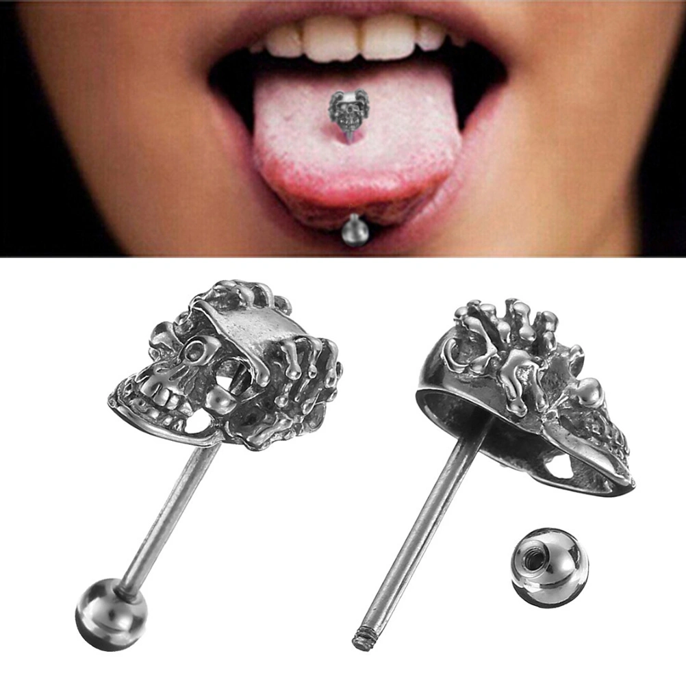 3 Pcs Stainless Steel Skull Tongue Bar Bell Rings Personality Tongue Rings Body Piercing Jewelry Silver