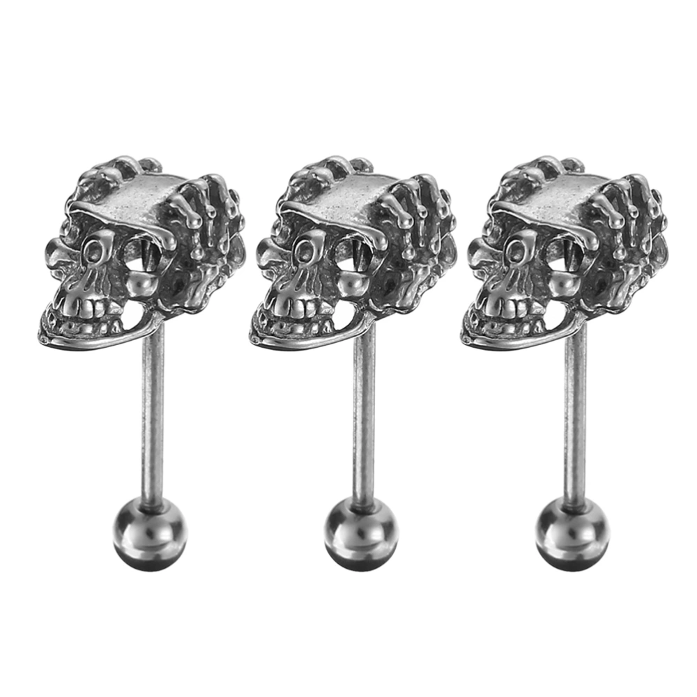 3 Pcs Stainless Steel Skull Tongue Bar Bell Rings Personality Tongue Rings Body Piercing Jewelry Silver