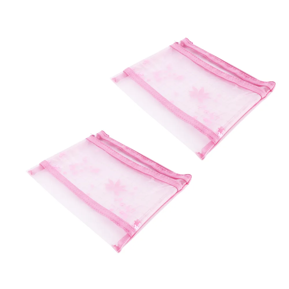 2pcs Pink Zipper File Bags Mesh Storage Cases Portable Pencil Pen Cases