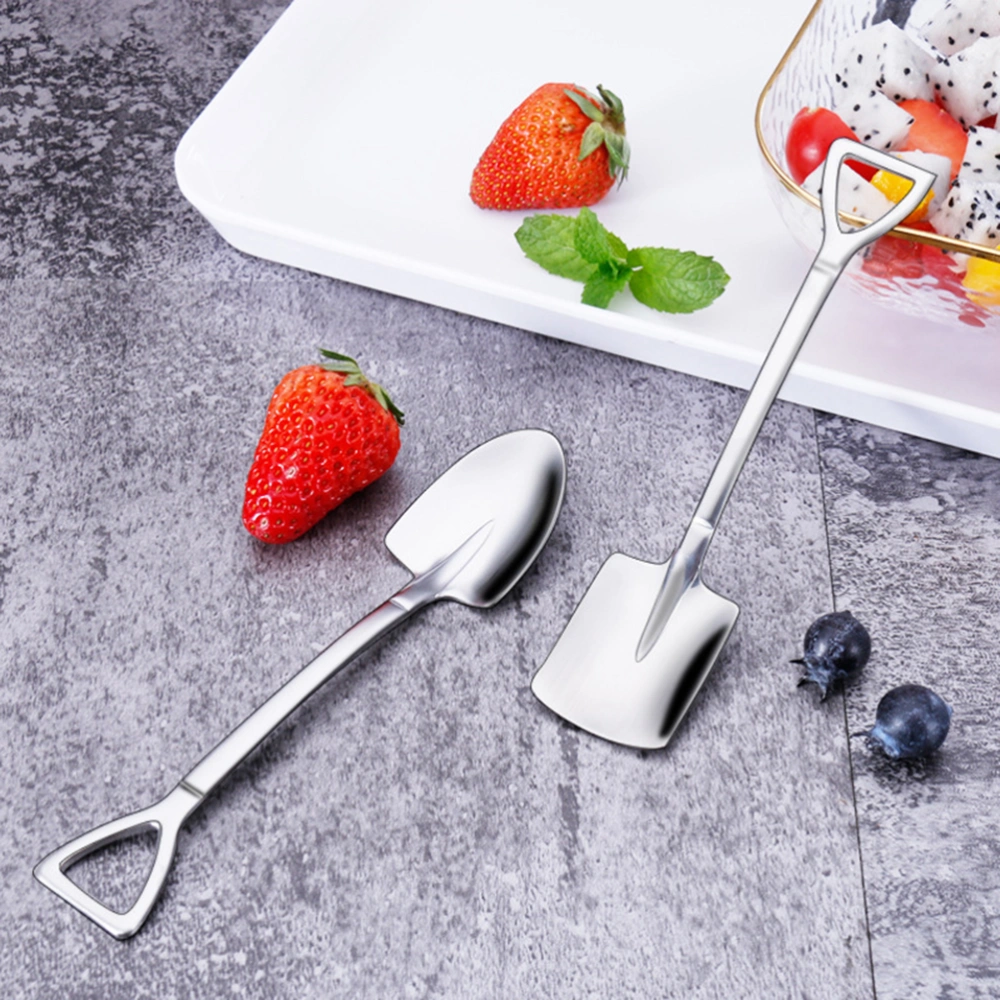 2pcs Shovel Spoons Stainless Steel Ice Cream Scoop Spade Shovel Shape Spoon Dessert Pudding Yogurt Spoon for Home Party Bar (Glossy, Flat Head + Round Head)