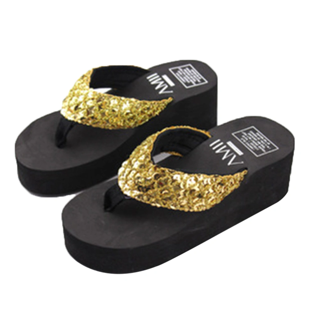 Women's Glitter Platform Sandals Shiny Thong Sandals Non-slip Wedge Heel Flops Size 37 (Gold)