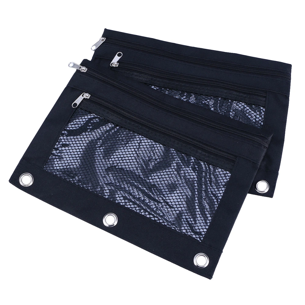 2pcs Large Capacity Black Pencil Pouch with 3 Ring Canvas Portable B5 Double Zipper Stationery Bag