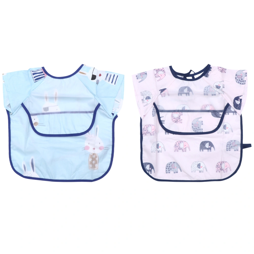 2pcs Kids Bibs Toddlers Eating Apron Cartoon Short Sleeves Waterproof Overclothes Dining Bib - 110 Yard Suit for 4-5 Years Old (Bunny and Elephant Pattern)