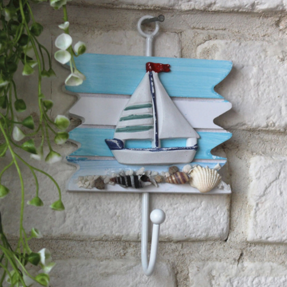 2Pcs Mediterranean Style Wooden Hook Creative Hook Wall Hanger Decorative Hook (Sailboat Style and Rudder Style)