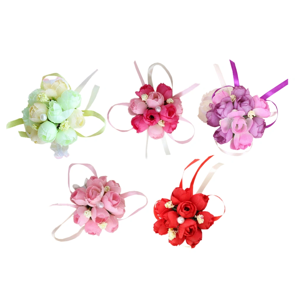 5pcs Wedding Bridal Brooch Wrist Flowers Artificial Flower Bracelet Dancing Wrist Flower Decor (Random Color)