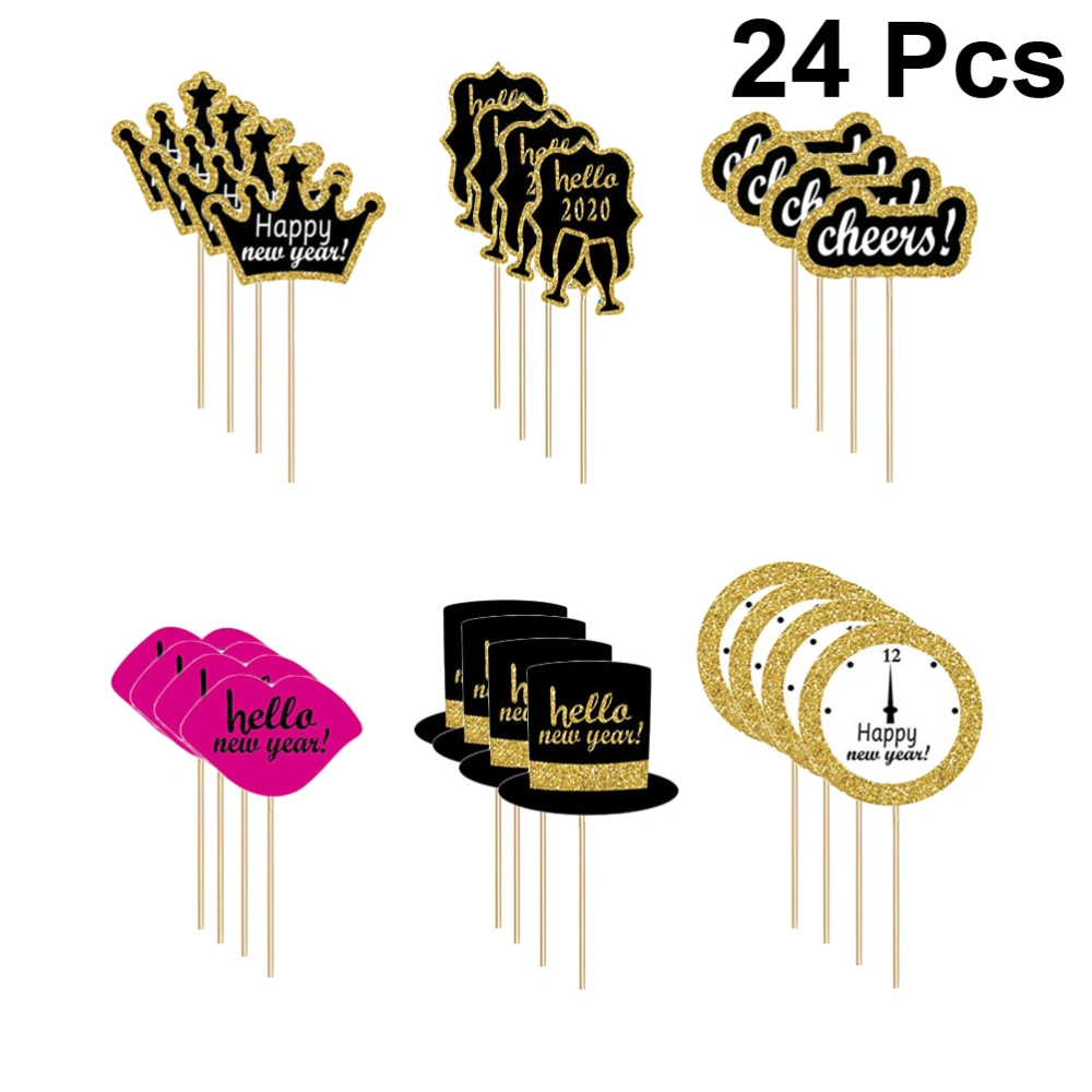 24pcs Creative NEW YEAR Party Decorated Cake Insert Hat Crown Design Letter Cupcake Toppers Glitter Paper Cake Decorating Toppers Party Favors