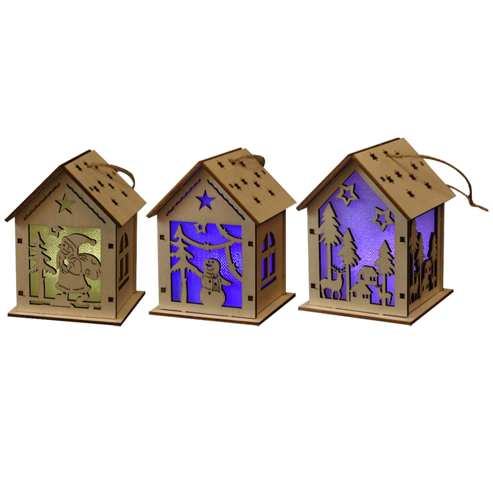 3Pcs Wooden Luminous House Xmas Staging Decors Festival Gift Xmas Tree Pendants