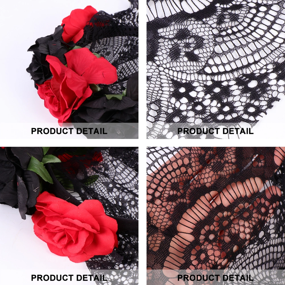 Artificial Rose Flower Headwear Black Lace Veil Head Halloween Headband