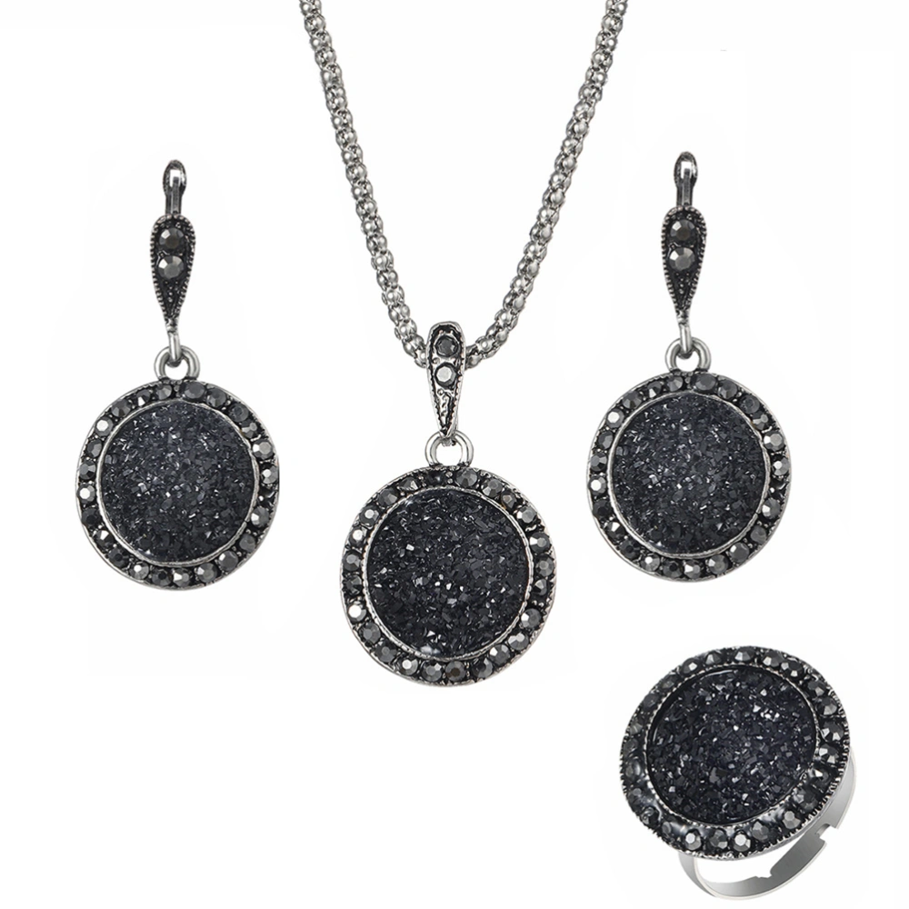 4PCS Black Jewelry Set with Drusy Rhinestone Pendant Necklace Earrings Ring for Women