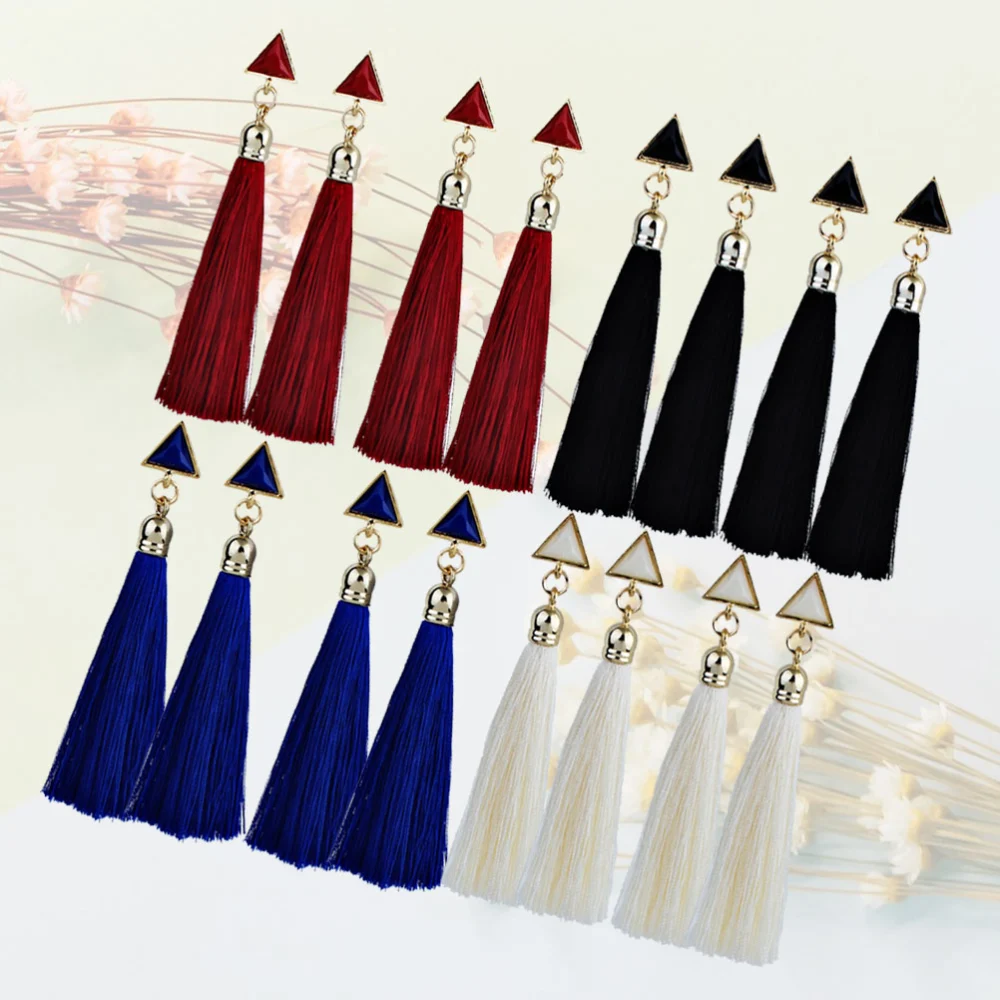 8 Pairs Geometric Triangle Earrings Stud Bohemia Style Tassel Earrings Ear Jewelry for Women (Black Red White Blue)