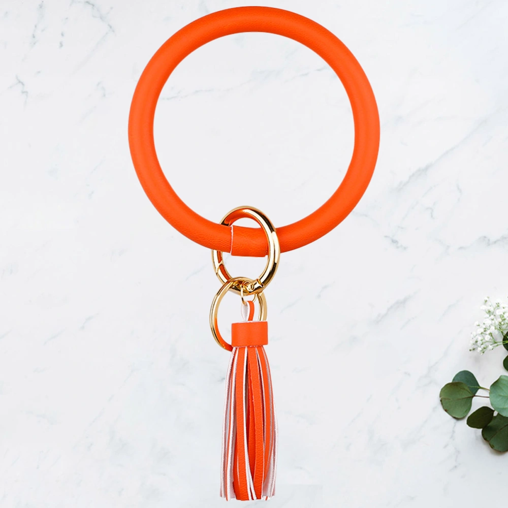 PU Fluorescence Bangle Keyring Tassel Large Circle Wristband Keychain Key Pendant Accessories for Women Ladies (Orange)