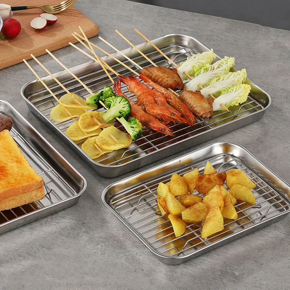 1Pc Stainless Steel Baking Plate with Strainer Durable Grill Plate for Kitchen