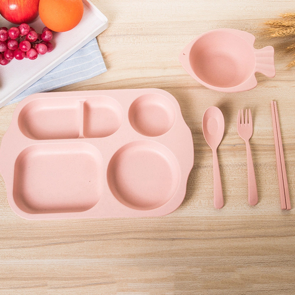 5pcs/Set Wheat Straw Divided Food Plate Solid Color Chopsticks Fork Spoon Bowl Dinnerware Tableware for Children Kids (Pink)