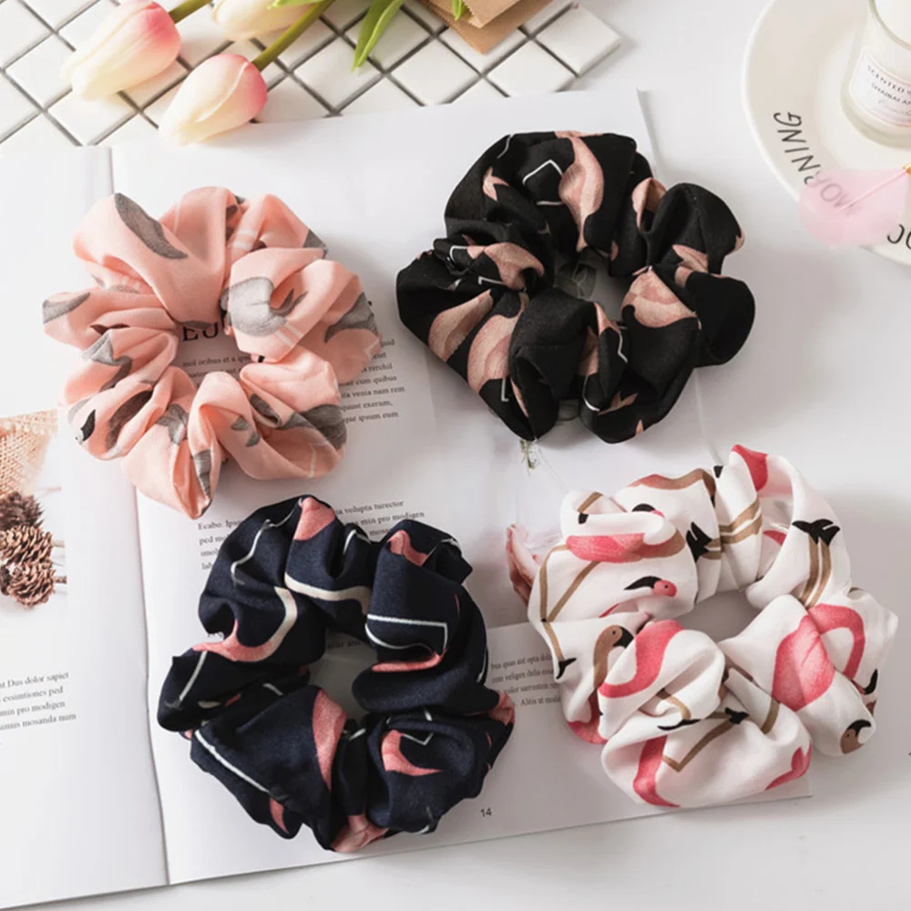 4pcs Flamingo Printing Hair Ring Unique Hair Bands Hair Rope Hair Tie Ponytail Holders for Women Girls (Navy Blue + Pink + Black + White)