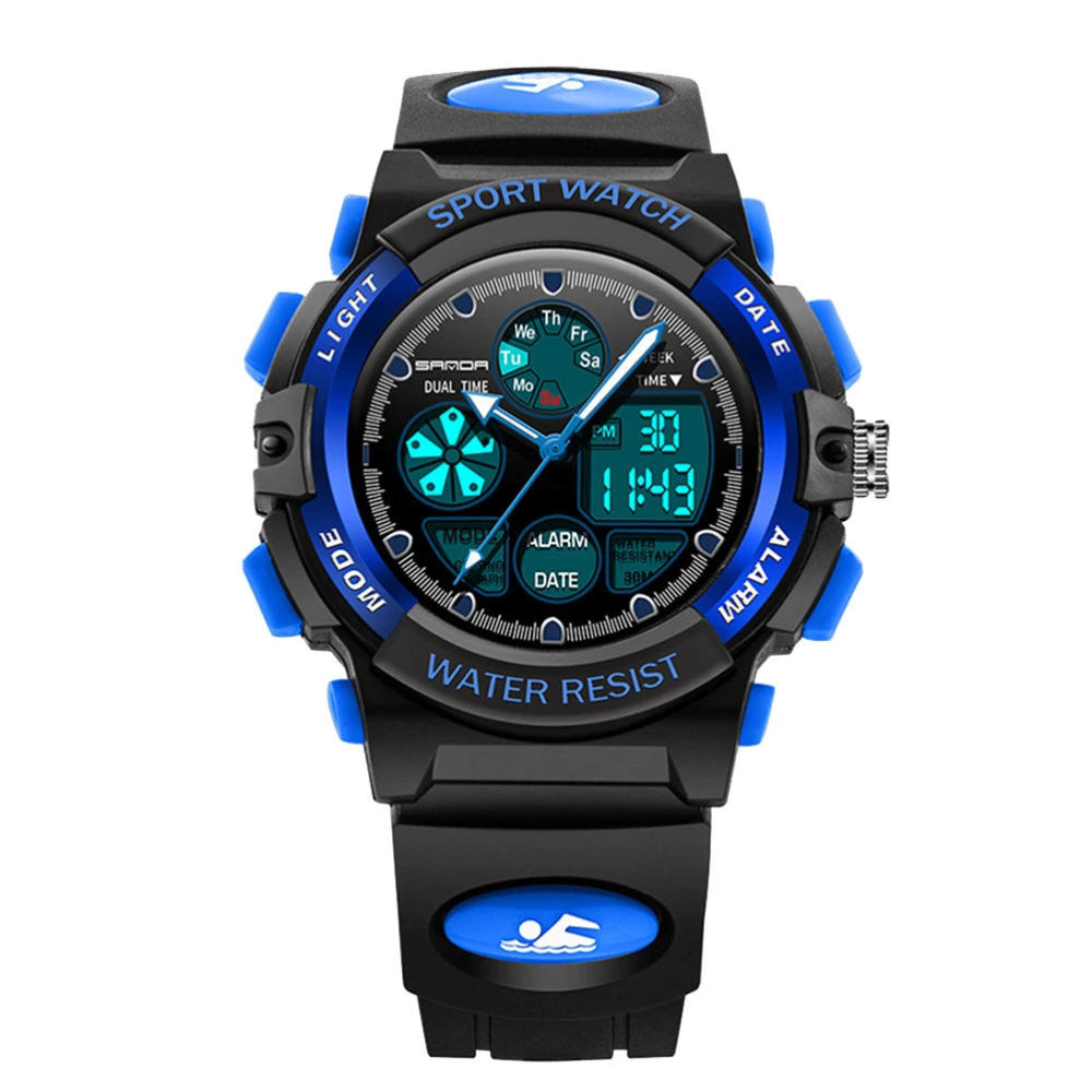 Kid Digital Watch 30M Waterproof LED Calendar Alarm Stopwatch Child Wristwatch for Boy Girl (Black Blue)