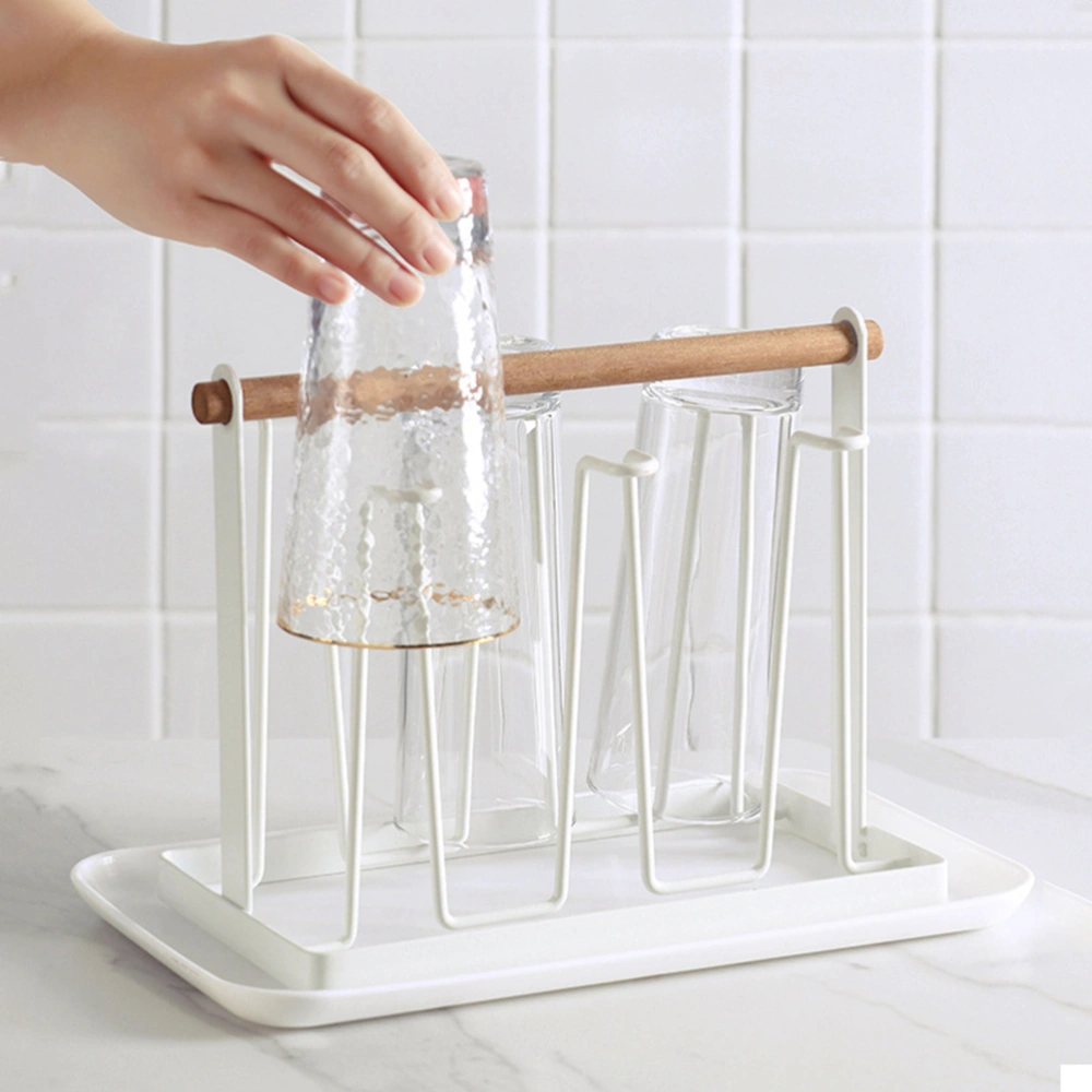 Cup Drying Rack Stand Non-slip Iron Art Hook Bottle Drainer Mugs Cups Wine Glasses Organizer with Wood Handle and Tray