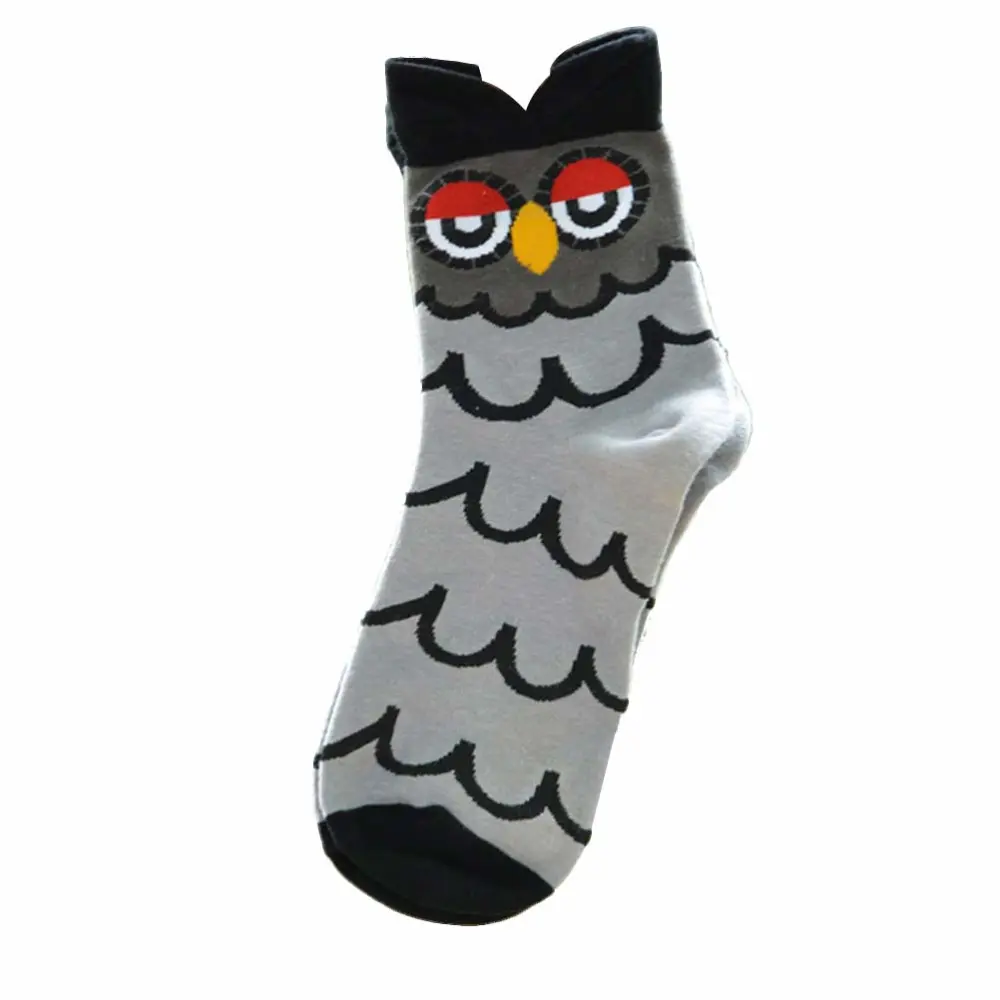 1 Pair Cotton Crew Socks Adorable Owl Stretchy Elastic Mid-calf Sports Socks for Women Girls (Grey)