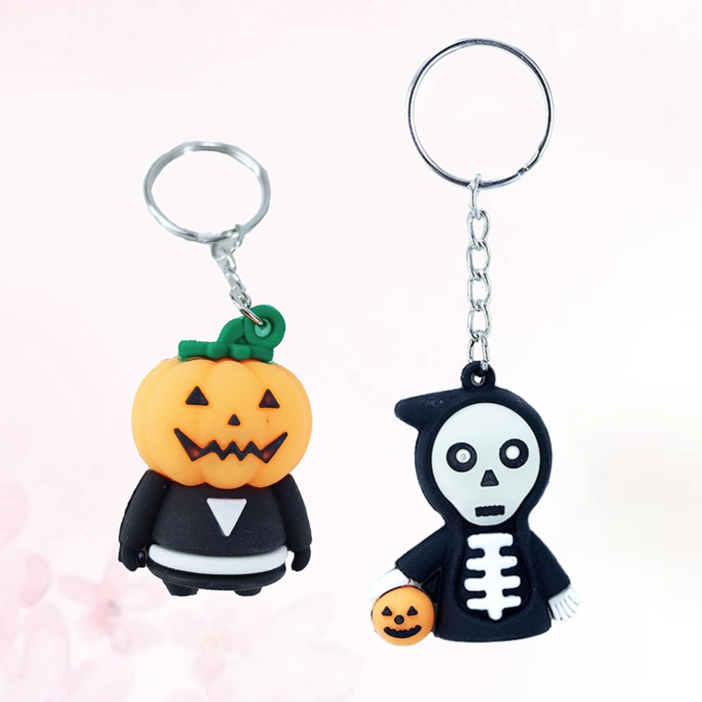 2pcs Halloween Creative Cartoon Keychain Car Keyring Purse Bag Pendant Decoration Hanging Keychain Accessory Skull and Pumpkin