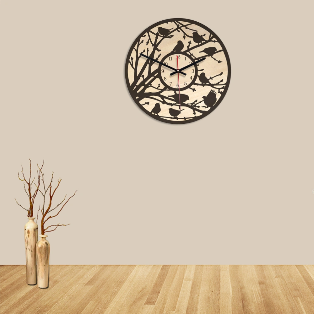 Wooden Clock Bird Tree Pattern Wall Clock Round Simplicity Hanging Clock for Home Living Room Dining Hall Decoration