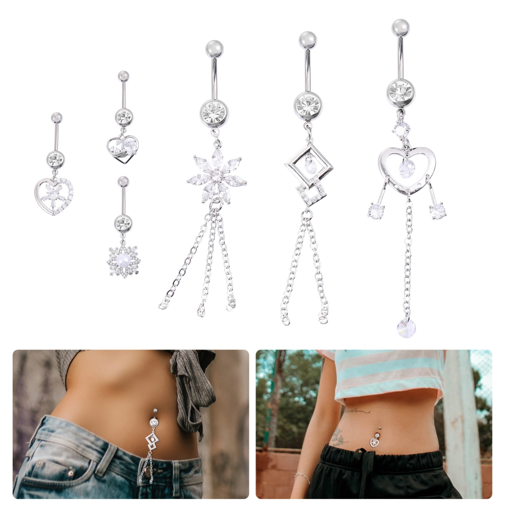 6Pcs Dangle Belly Button Ring With Rhinestone Piercing Navel Ring Body Jewelry