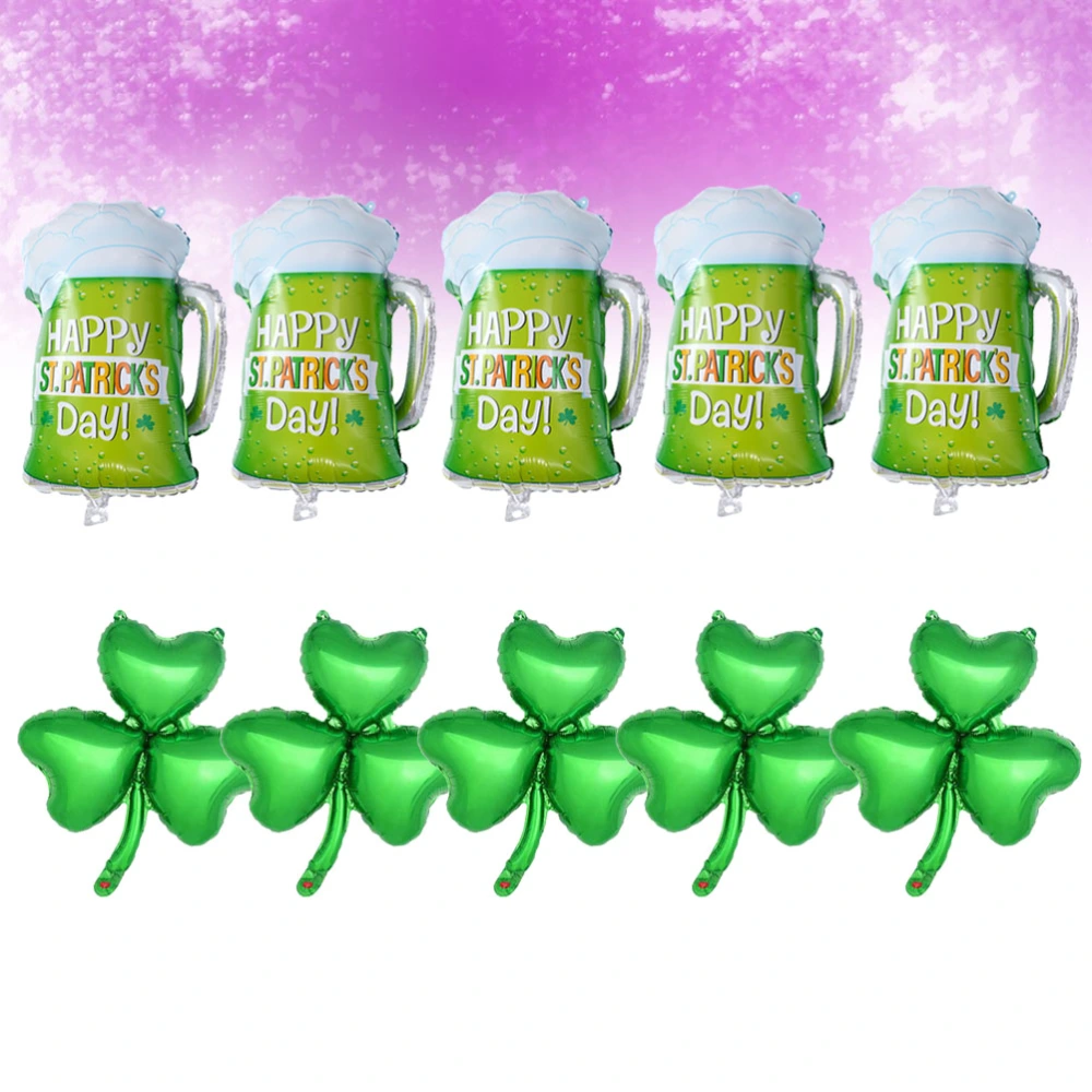 10pcs St.patricks Day Balloons Aluminum Foil Balloons Beer Glass Design Balloon Clover Balloon Party Supplies (5pcs Beer + 5pcs Clover) 