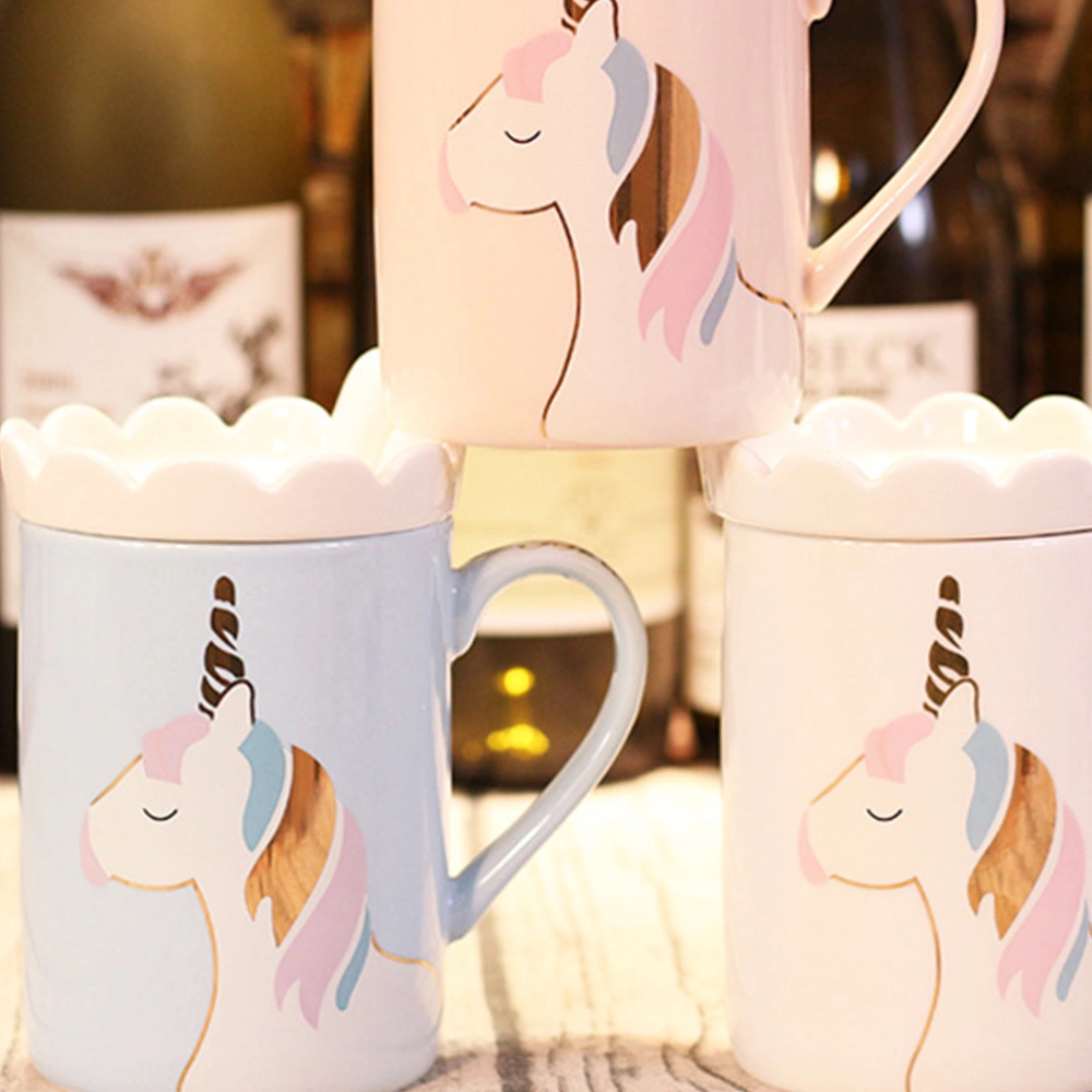 1PC Creative Ceramic Mug Cartoon Unicorn Water Storage Cup Adorable Container with Lid Spoon for Home Office Hotel (Pink)