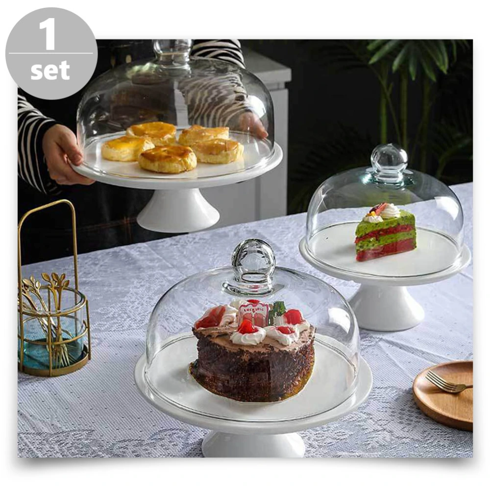 1 Set of Cake Tray with Lid Cake Stand Ceramic Dessert Plate Serving Dish Holder