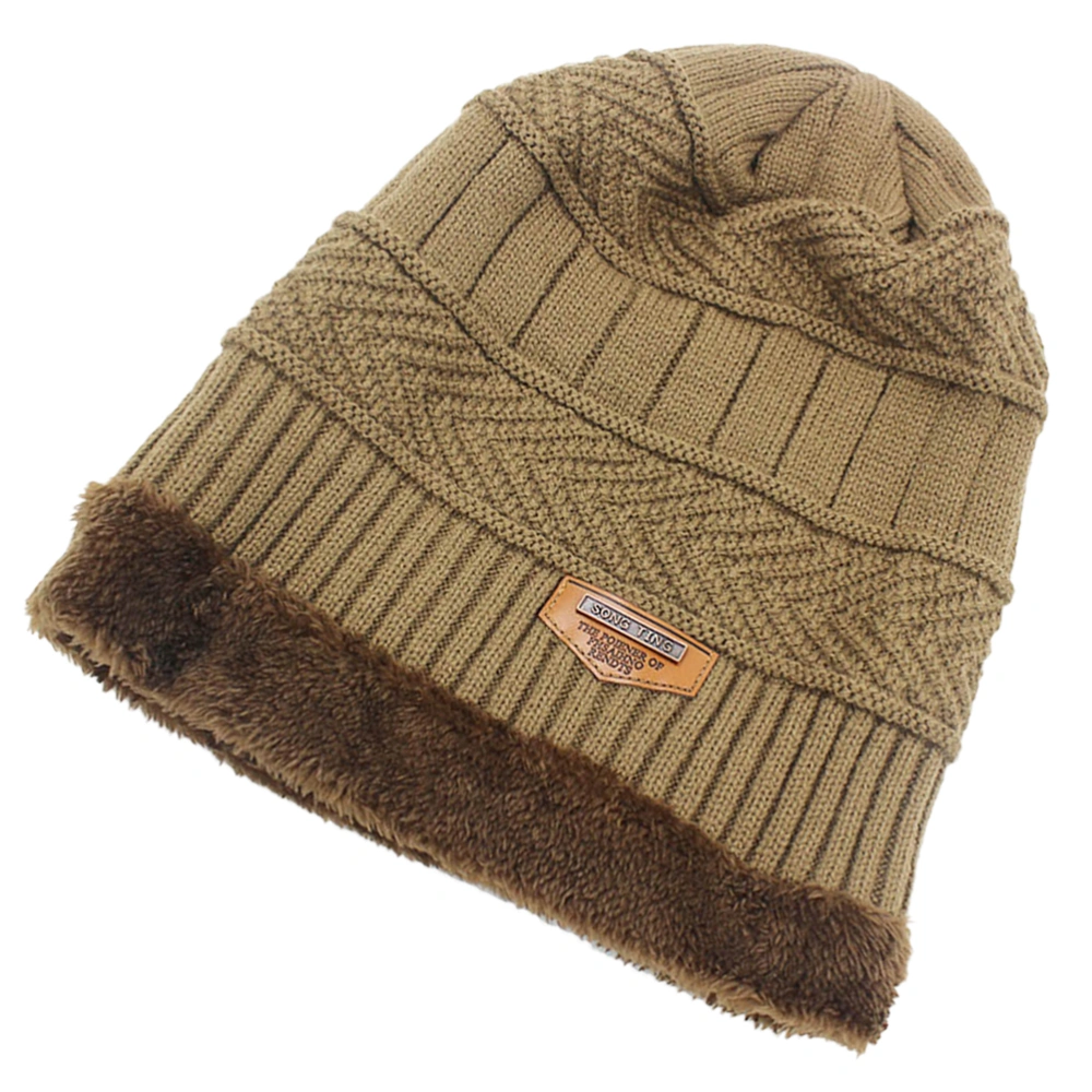 Mens Winter Knit Beanie Hat Slouchy Thick Fleece Lined Skull (Khaki)