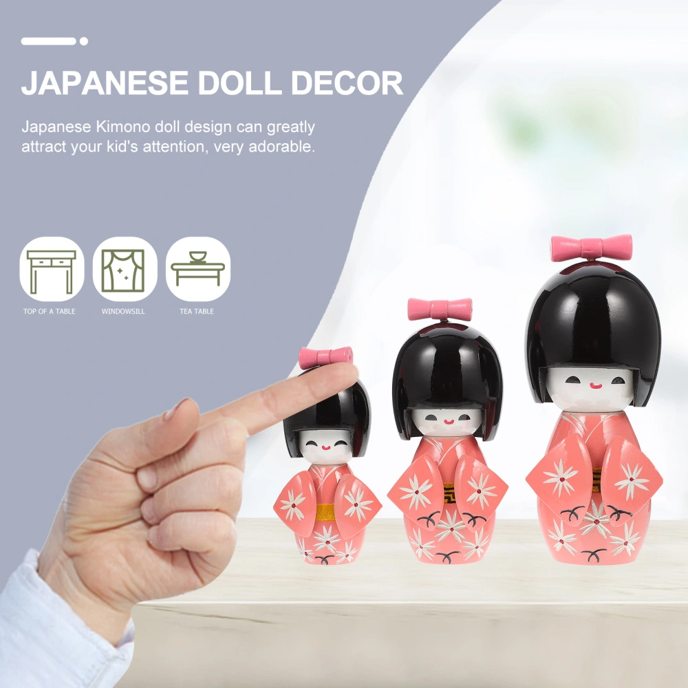 3pcs Creative Japanese Doll Decor Wooden Kimono Doll Figurine Desktop Ornament