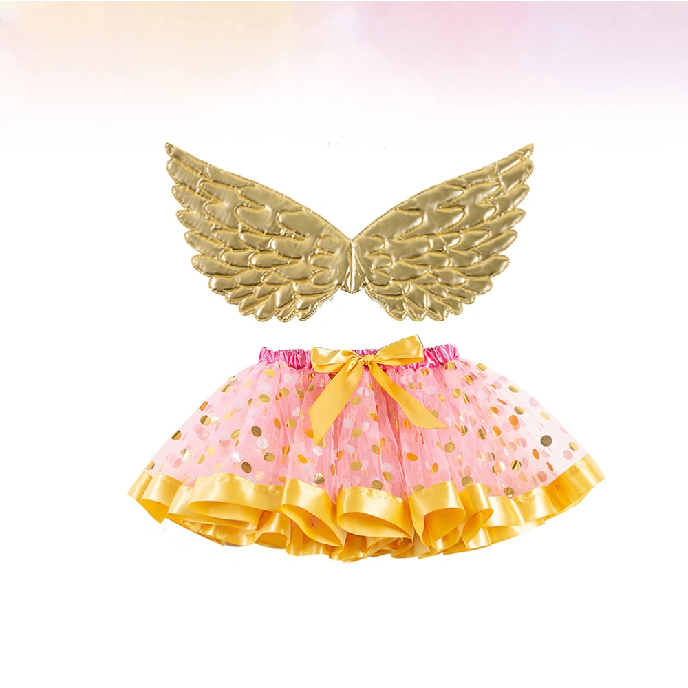 Dot Printed Tutu Skirt Performance Party Skirt with Golden Wing for Kids Girls (Size S)