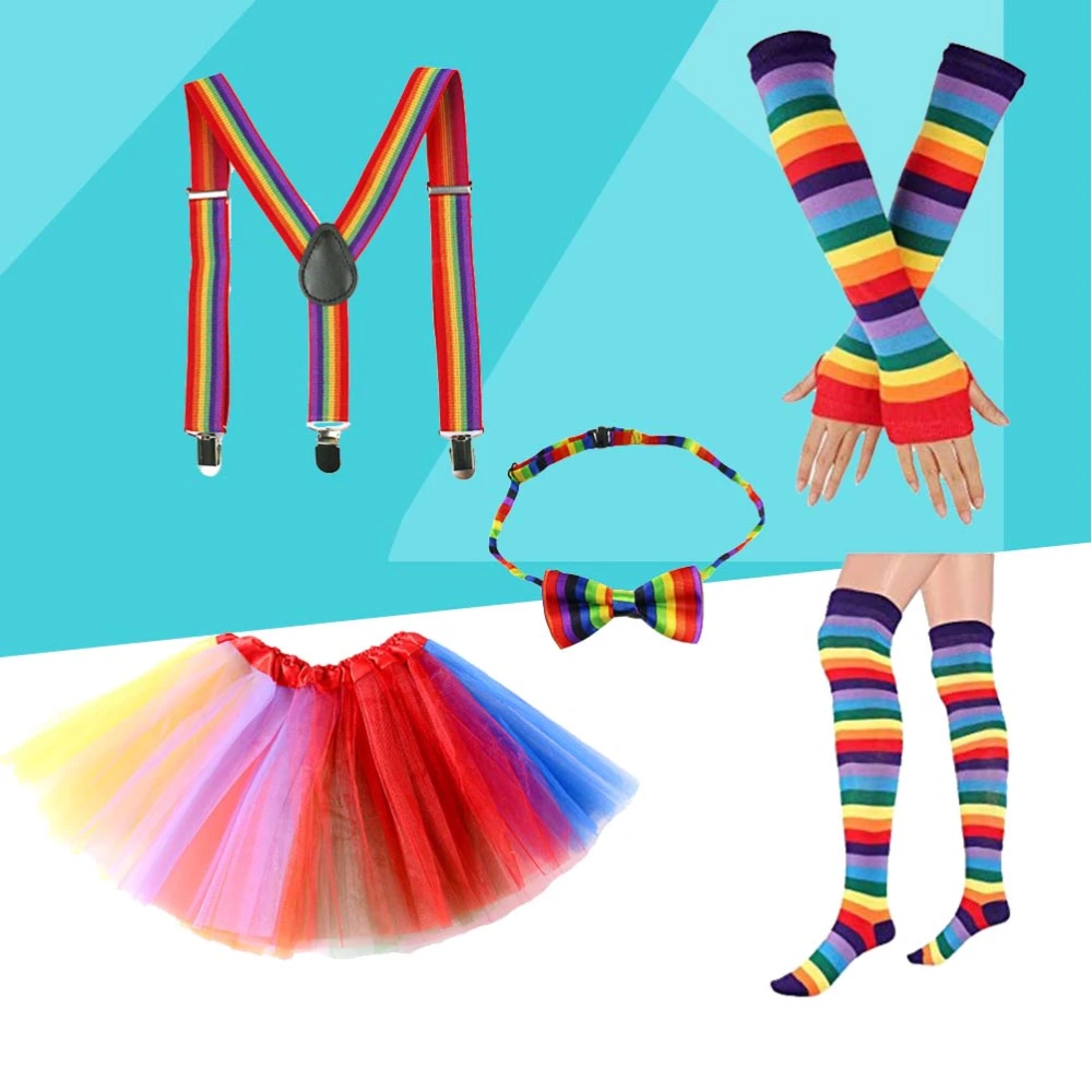 Rainbow Tutu Skirt Kit Colorful Bowknot Tie Long Gloves Stocking Suspenders Costumes Accessory Set (Kid)