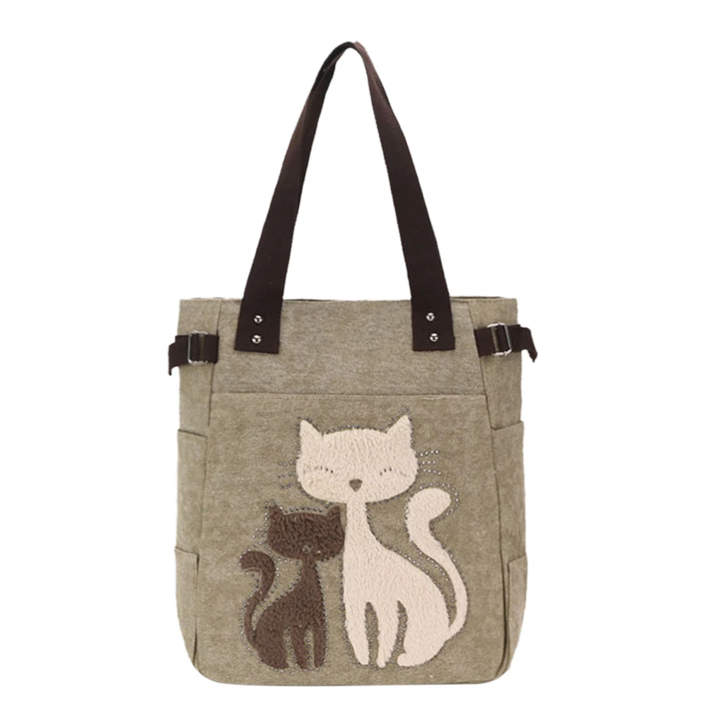 Women's Canvas Bag Rhinestone Cat Pattern Handbags Shoulder Bag Casual Large Bag Shopping Bag Tote for Grocery Gift (Khaki)