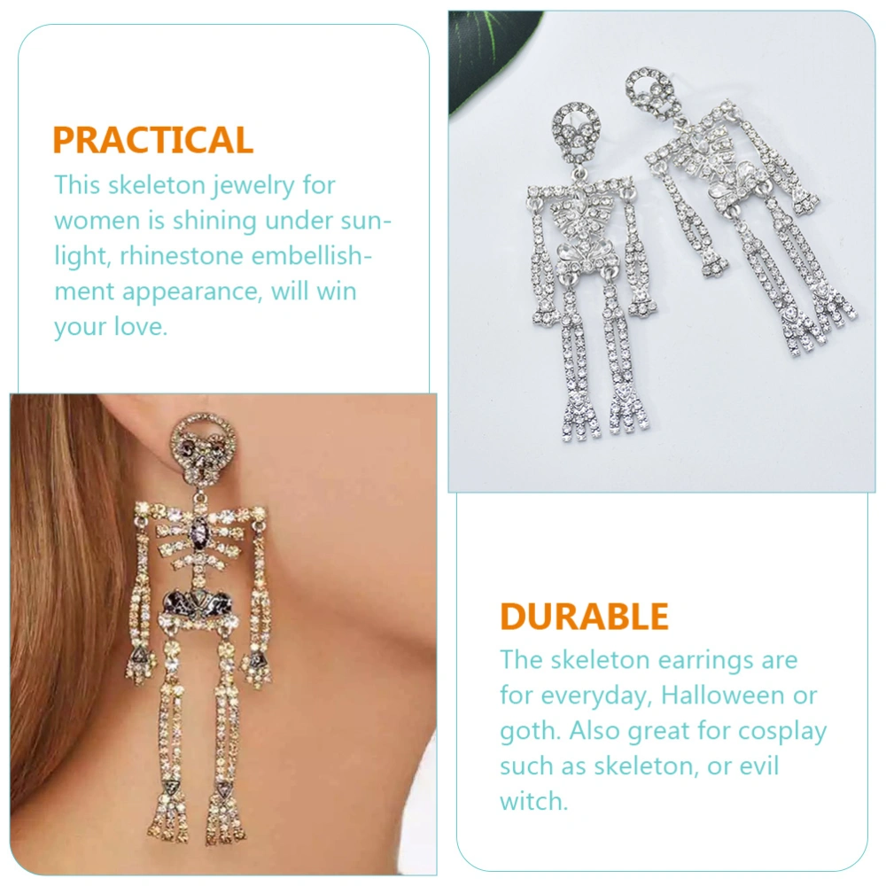 1 Pair Rhinestone Dangling Ear Pendant Skeleton Earrings Exaggeration Bling Earrings