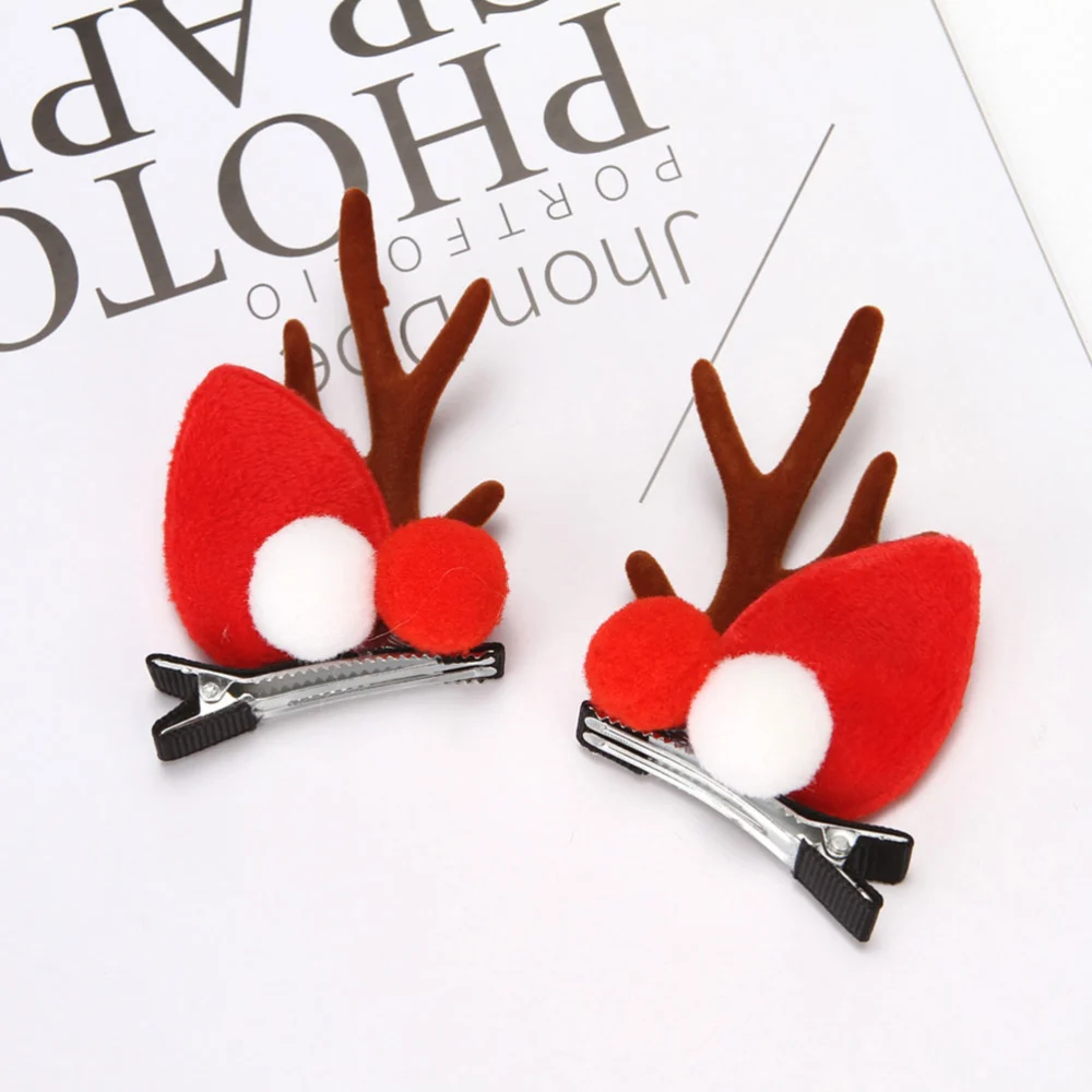 2 Pairs Xmas Wool Ball Antler Hair Clips Festival Hairpins Decor Prop(Red+Brown)