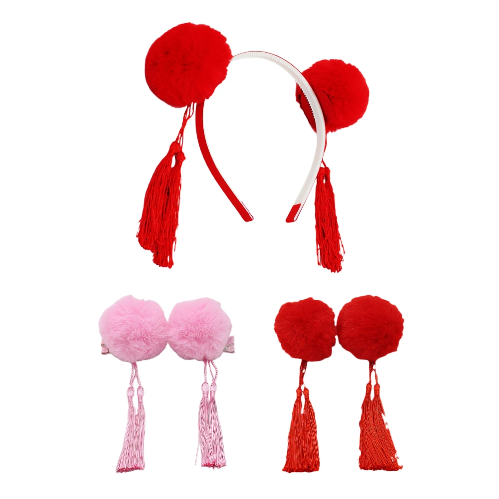 3Pcs Spring Festival Chinese Style Children Festive Tassel Headband Hair Clips(1 Hairhoop+2 Hairclips)