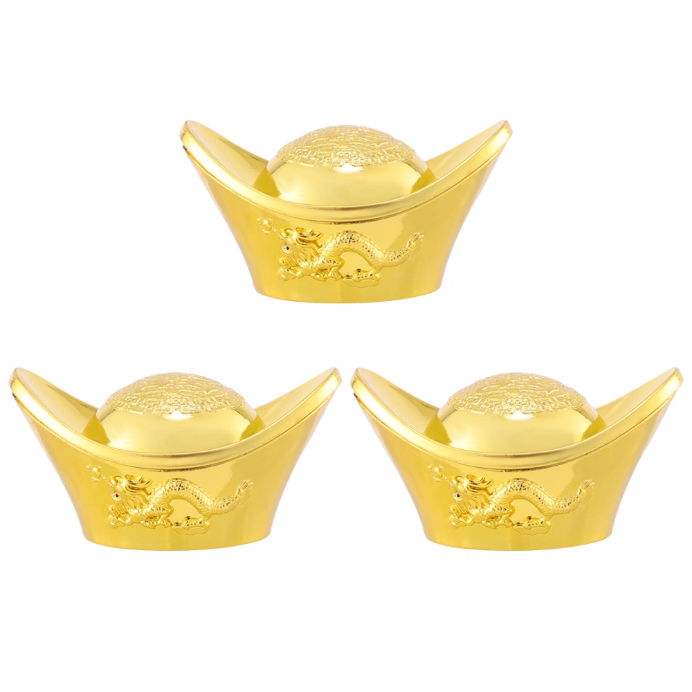 3 Pcs Simulated Gold Ingot Decorations Plastic Desktop Ornaments  Gold Ingot Toy Home Arrangements (Electrogilding Large Size)