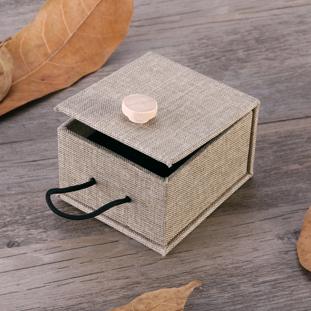 Wooden Jewelry Gift Box Case Rustic Linen Ring Bearer Box Holder with Wooden Clasp (Beige)