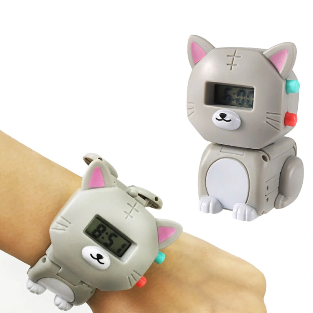 Deformable Kids Watch Lovely Pet Shaped Wristwatch for Students Children Birthday Gift (Little Cat Pattern, Grey)