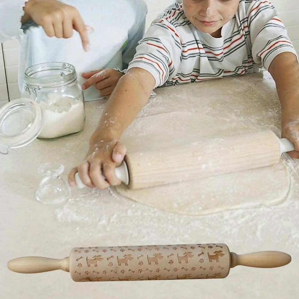 Wooden Rolling Pin Beautiful Printing Rolling Pin for Home Store Baking (Dog and Bone Pattern)