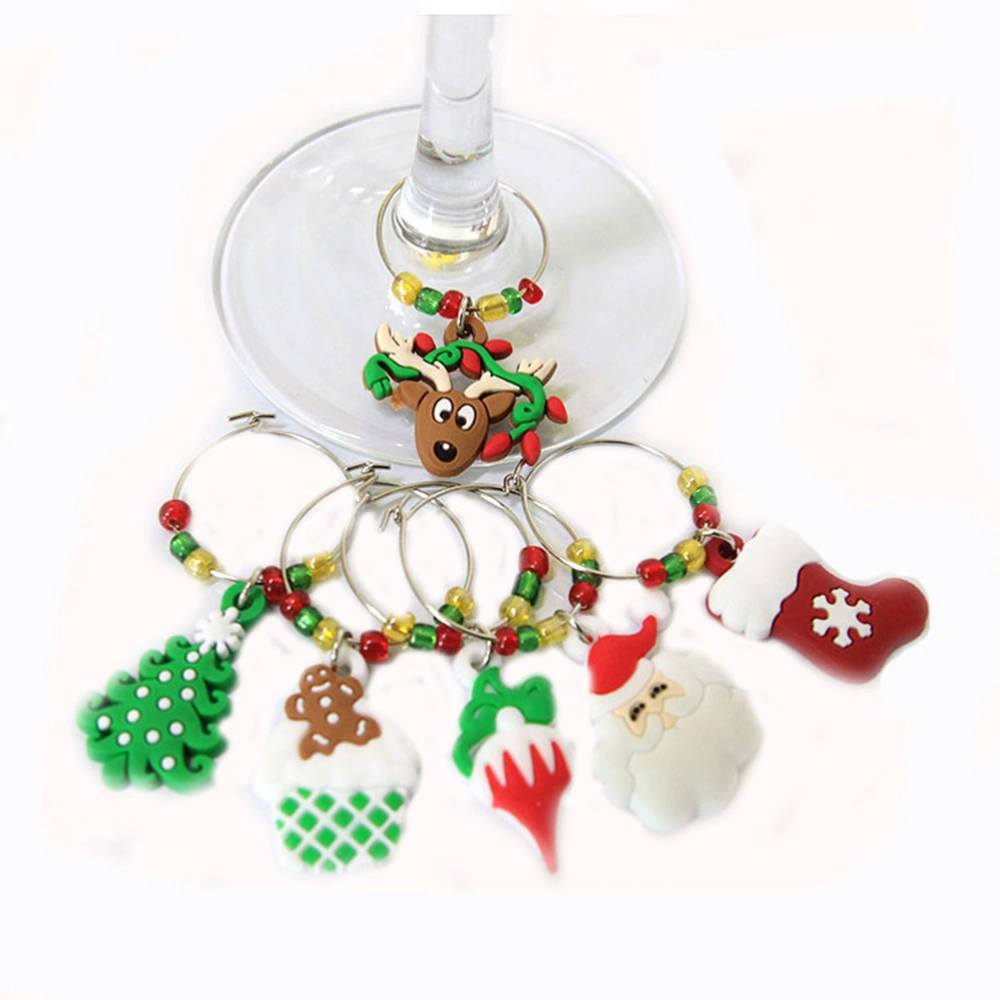 6 Pcs Christmas Themed PVC and Silicone Glass Charms Wine Glass Goblet Charms Rings Wire Hoops Drink Markers Party Favors Supplies