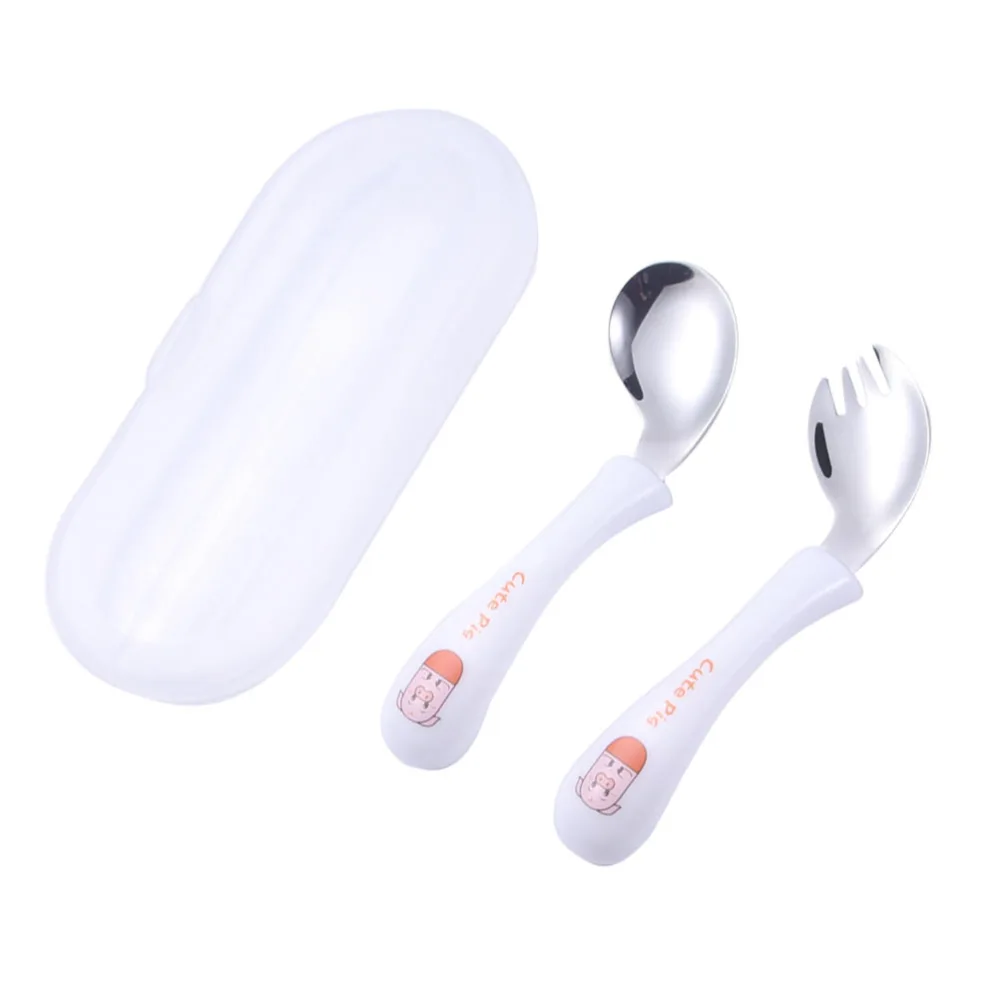 1 Set of Children Tableware Spoon Fork Practicing Spoon Tableware (White)