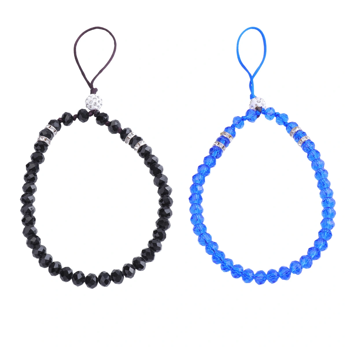 2pcs Crystal Beads Phone Lanyard Short Hand Wrist Strap Hanging String for Camera Purse Keychain (Black+Royalblue)