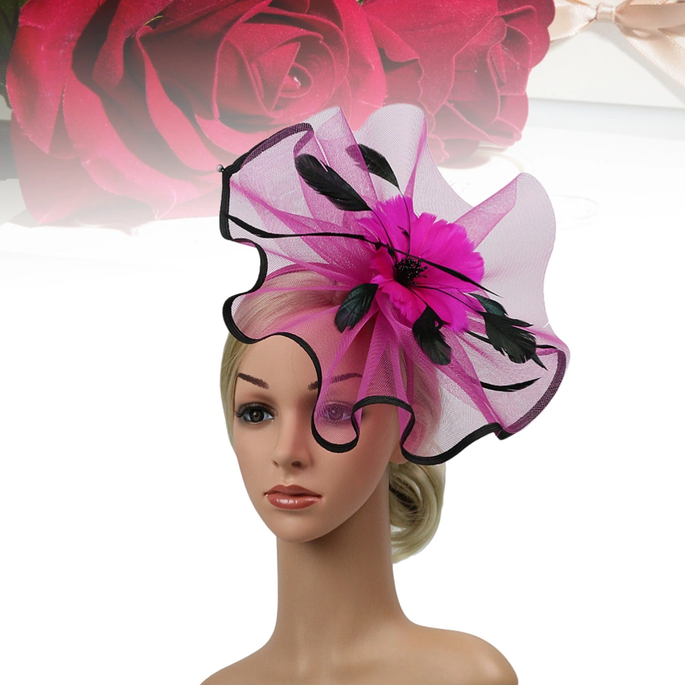 1pc Creative Feathers Big Flower Headband Party Headwear Cocktail Hat Feast Headdress for Lady Women (Rosy and Black Side)