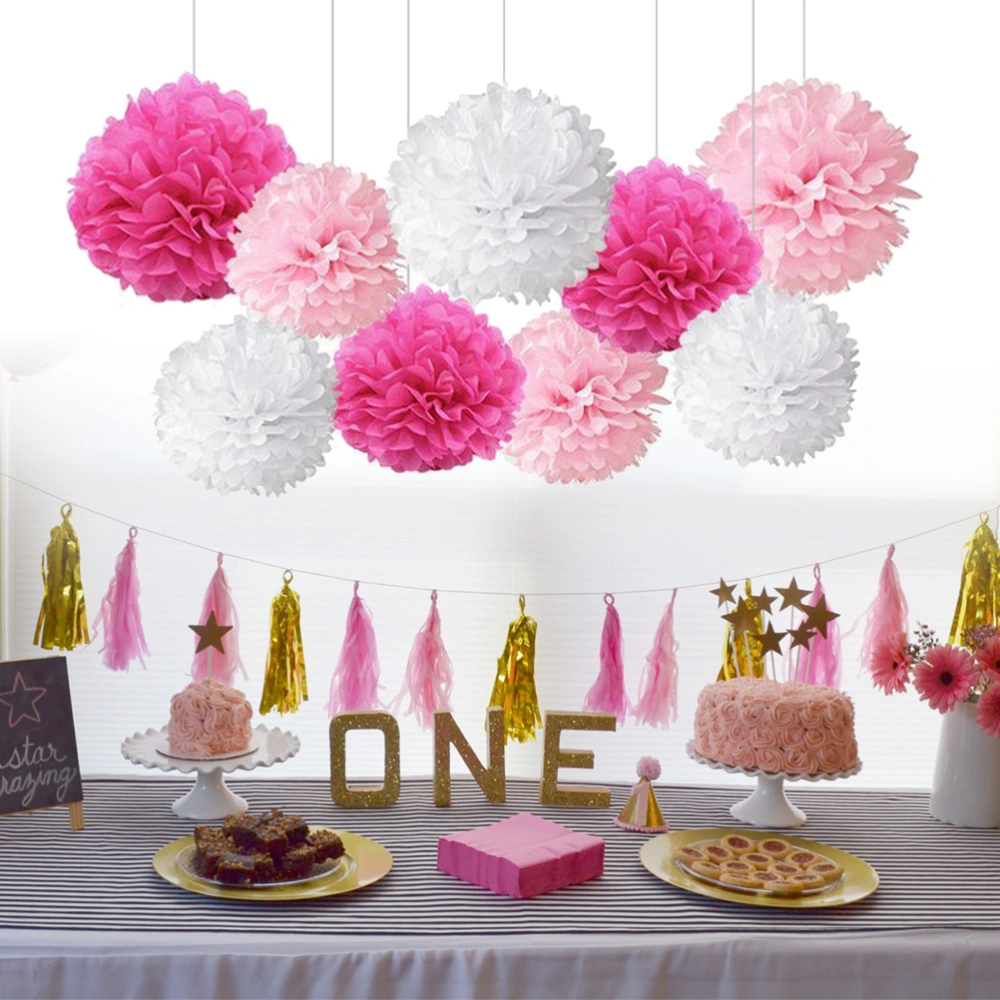 9PCS Tissue Hanging Paper Pom-poms Flower Ball Wedding Party Outdoor Decoration Premium Tissue Paper Pom Pom Flowers Craft Kit (White+Rosy+Light Pink)