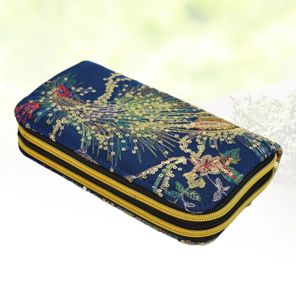 Women Embroidery Wallet Handbag Handmade Canvas Purse Decorated Wallet Pocket Lady Change Purse (Dark Blue)