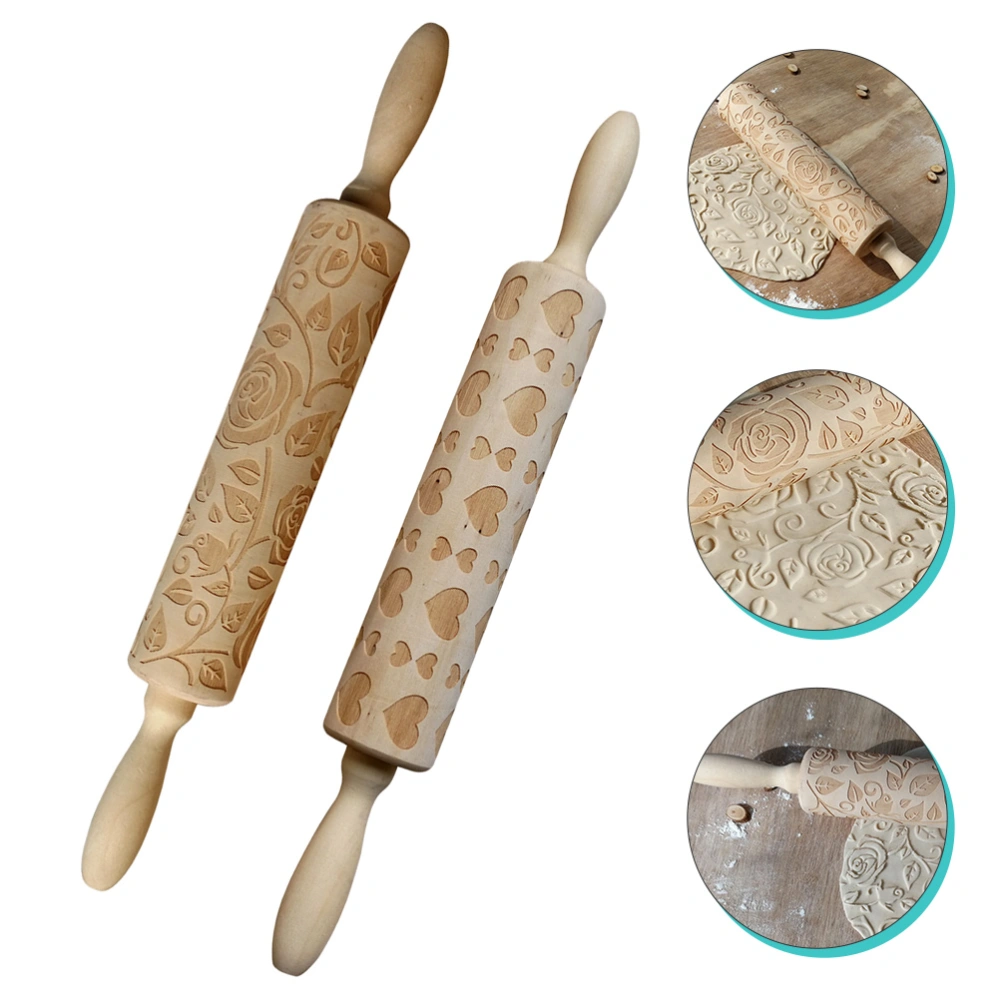 2pcs Valentine's Day Carved Rolling Pin Fondant Dough Roller Kitchen Gadget